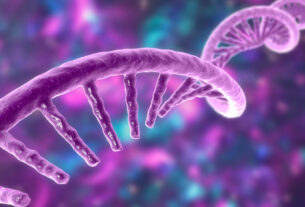 Modelo molecular del ácido ribonucleico mensajero (ARNm). Ilustración 3D.