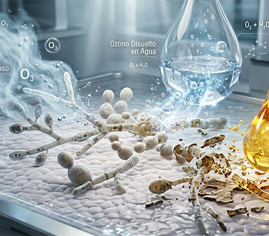 ilustracion 3d mostrando las 3 formas del ozono ,gaseoso,agua ozonizada y aceite ozonizado