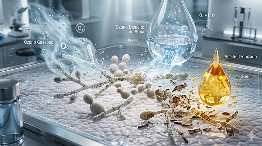 ilustracion 3d mostrando las 3 formas del ozono ,gaseoso,agua ozonizada y aceite ozonizado