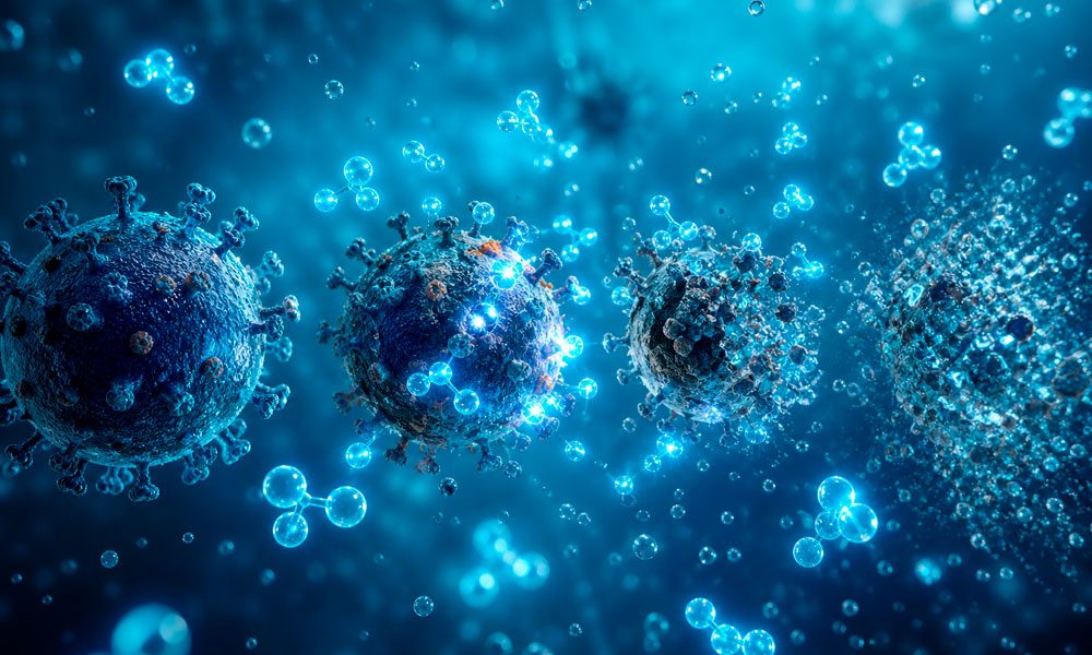 ilustración 3d de virus inactivos por ozono